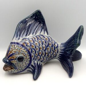Erandi Studio Tonala Fish Figurine‎ Hand Painted Ceramic Folk Art 9.5" Signed